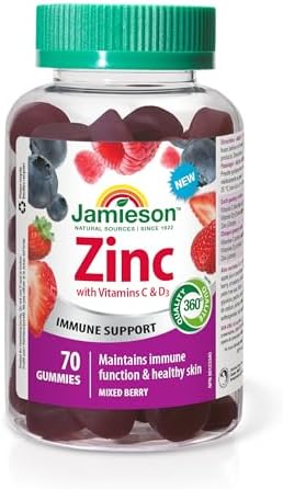 Jamieson Zinc 15 mg Gummies Mixed Berry Flavour, with 50 mg Vitamin C and 400 IU Vitamin D3, Supports Immune Health, Bone Health, Healthy Hair, Skin, and Nails. Vegetarian, Gluten-Free, No Artificial Colours, Flavours, or Preservatives, 70 Count