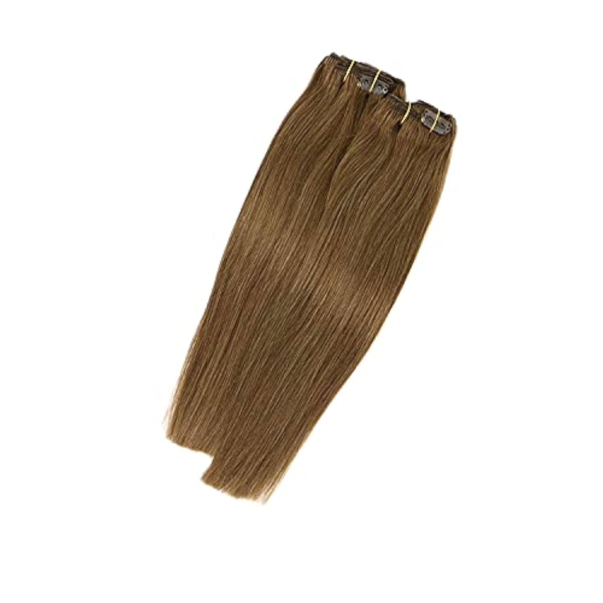 Human Hair Extensions Clip in, Light Brown, 7 Pieces, 70 Gram