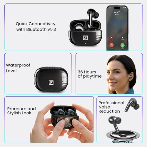 Image of ONE 7 Shine PODS Wireless in-Ear Earbuds | 13mm Dynamic Driver | Deep Bass | ENC Calling | Bluetooth v5.3 | Up to 36 Hours Playtime | Lightweight with Silicone Case (ON TWS-54) (Black)