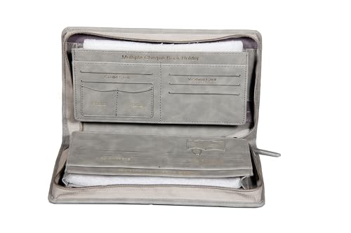 Image of Sukeshcraft Multiple Cheque Book Holder | Original PU Holds Upto 8 Cheque Books, Locker Key Hook, 2 Photo Slots, 1 Pin-Sim Slot, 13 Credit /Debit Card Slots with Matching Zipper (PU -2Tone Grey