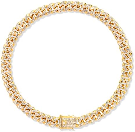 Gold Dog Chain Collars,Walking Gold Dog Metal Link Chain Choke Collar with Design Secure Buckle,Pet Cuban Crystal Collar Necklace for Small Medium Large Dogs Cats,Gold 8inch