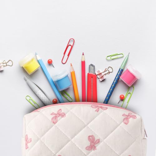 Image of Sherr Coquette Bow Pencil Case Pink Bow Cute Pencil Pouch Soft Cotton Storage Bag Aesthetic Pattern Gift Makeup Pouch Cosmetic Travel Bag for Women