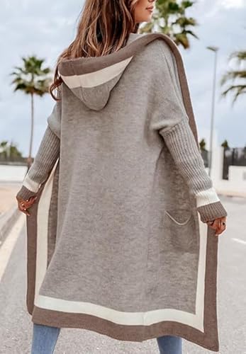 Image of CHARTOU Hooded Long Knit Cardigan for Women Blcoked Color Long Sweatshirt Jacket Sweater