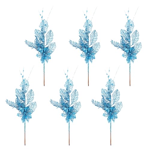 Cranight 6 Pack 16.5 Inch Artificial Glitter Berry Floral Stem Ornaments, Decorative Bead Sticks, Glittery Twigs, Picks, Branches for Christmas Tree, Small Vase, Holiday, Wedding, Party (Blue)