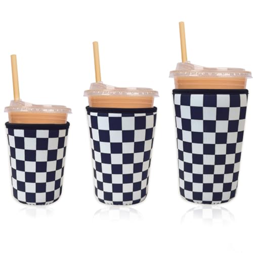 Image of Reusable Insulated Neoprene Iced Coffee Cup Sleeve, Durable Drink Sleeve for Cold Beverages, Beverage Holder for Iced Coffee (Checker Grid)