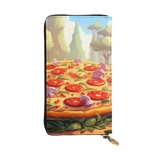 Grand portefeuille en cuir noir avec motif pizza pour femme - Compagnon chic 19x10,5 cm