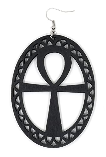 Teri's Boutique Cross Anka Ankh Religious Wood African Ethnic Women Fashiion Jewelry Dangle Earrings (Black), 2.25 W X 3.5 L Inches #TOP1