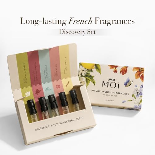 Image of Nykaa Moi Fragrance Discovery Kit of Joie De Vivre, Raison D'Etre, Amour, Bisous, Matin (2 ml x 5) | Perfume Trial Pack for Women | Mini Eau De Parfum Sampler Set | Floral, Fresh Aqua, Velvet Vanilla & Woody Notes | Gift Set for Women 10ml | Travel Friendly, Birthday & Anniversary Sampler Kit