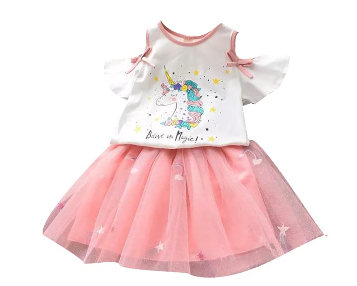 GenericLittle Shoppe Unicorn Printed Pretty Top with Matching Printed Layered Net Skirt in Pink & White for Girls
