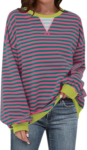 Image of UEU Women Oversized Striped Crewneck Sweatshirt Long Sleeve Color Block Pullover Tops Casual Loose Workout Shirt