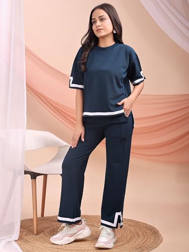Image of ELLITI Women's Co-ord Set, Down Short Sleeve Top and Wide Leg Trousers with White Trim