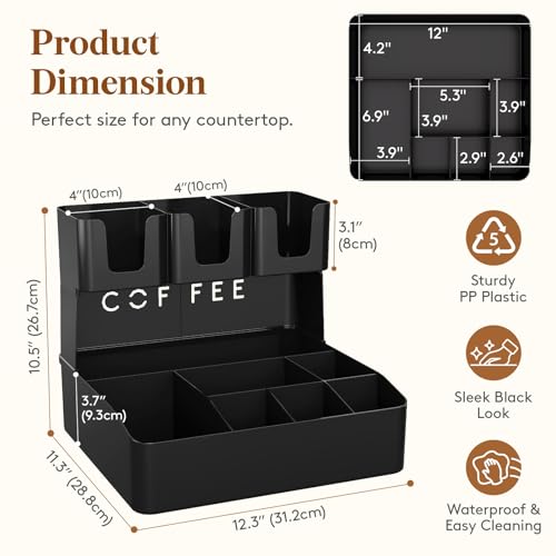 Image of Lifewit 2-tier Coffee Station Organizer Caddy for Countertop, 10 Compartments Coffee Bar Organizers for Cups, Pods, Sugar, Compact Condiment Holders Storage for Office Breakroom Kitchen Home Black