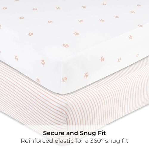 elys amp co pack and play sheets for miniportable crib 2 pack fitted playpen play yard sheet set compatible with graco pack n play for baby girls 100 cotton pink tulips and stripes 38x24x5