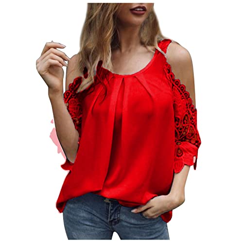 Basic Tops Damen,Schulterfrei Blusen Elegant Damen Rundhalsausschnitt Spitzenärmel Einfarbige Damen Tank Top Shirt Sexy Mode Loose Fit Oberteile Frauen Sexy Bluse,Rot,4XL Cover