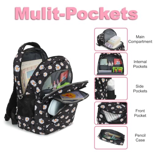 Girls Backpack for School Backpack with Lunch Box Pencil Case Set, 3-in-1 Lightweight Water Resistant School Bag for Kids Elementary Teen Bookbag (Daisy Black)2