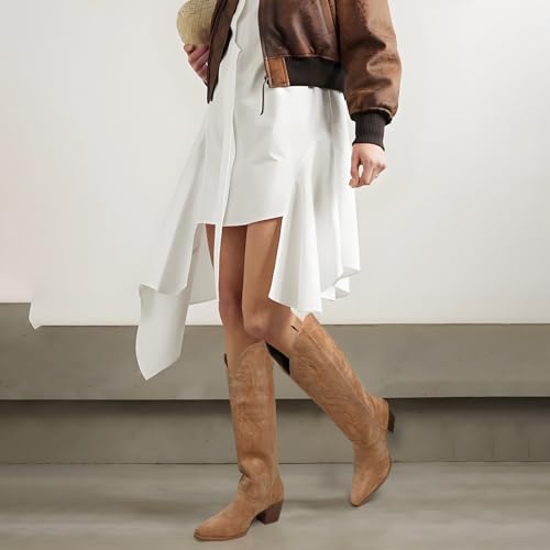 Cowboy Boots for Women Knee High Boots Pointy Toe Suede Boots with Embroidered Chunky Heel Western Cowgirl Boots4
