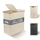 Wäschekorb mit Deckel 2 Fächer 100 Liter Bambus-Stoff Beige Groß - Wäschesammler Wäschebox Wäschekorb mit Henkel Wäschetrenner Wäsche Korb Wäschetruhe Wäschebehälter Laundry Basket | Celeko Hell 100L