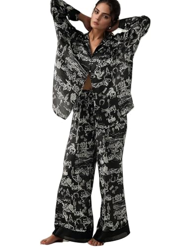 Image of Yimoon Satin Pajama Set for Women Silk Pajamas Set 2 Piece Floral Cute Pj Set Long Sleeve Pjs Sleepwear