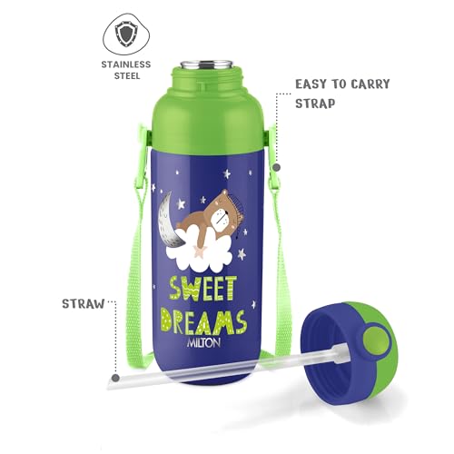 Image of Milton Steel Indus 400 Thermoware PU Insulated, 390 ml Water Bottle with Straw for Kids, Leak Proof Flip Top Sipper Lid Bottle, School, Picnic, Easy to Carry Belt, Dark Blue