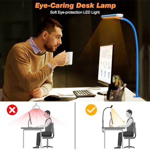 Image of Airlonv LED Desk Lamp for Office Home, Eye-Caring Desk Light with Stepless Dimming Adjustable Flexible Gooseneck, 10W USB Adapter Desk Lamp with Clamp for Reading, Study, Workbench (Blue)