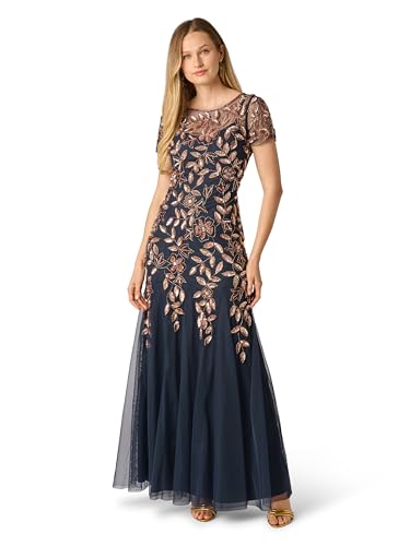 Image of Adrianna Papell Women's Beaded Gown with Godets - Floor Length Gown with Floral Embellishments & Cap Sleeves