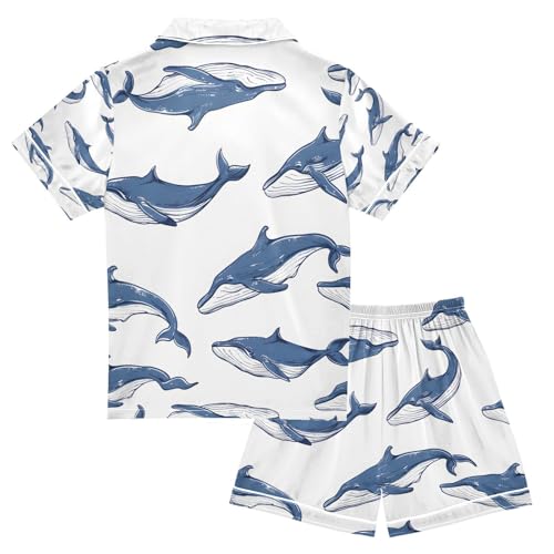 senya Blue Cute Whales Satin Summer Pajama Sets Silk Short Sleeve Button Down Sleepwear2