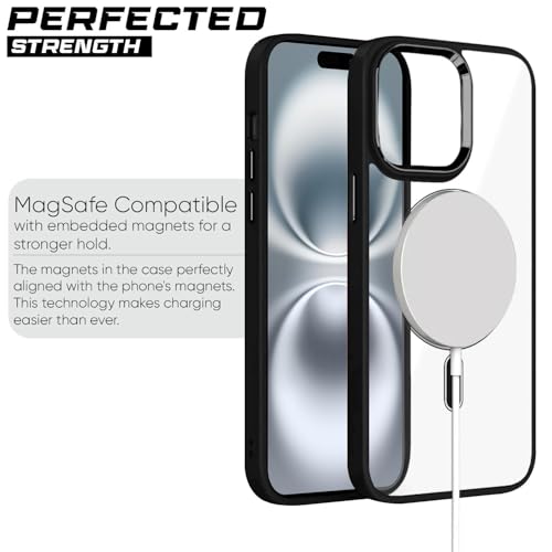Image of amazon basics Mobile Cover | Compatible with MagSafe | Electroplated Metal Ring | Camera Protection | Raised Edges | PC TPU Hybrid Clear Case | Transparent Bumper Case for Apple iPhone 16 (Black)