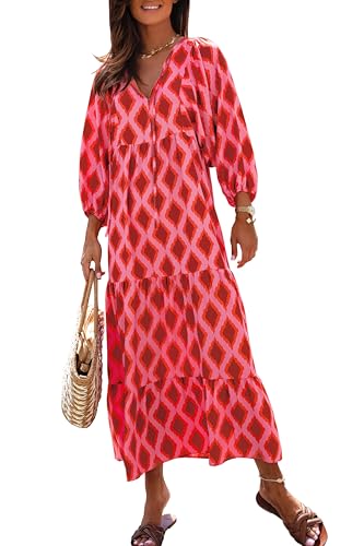 Image of miduo Womens Loose Fit Casual Summer V Neck Half Sleeve Bohemian Geometric Pattern Maxi Long Dresses