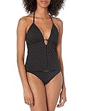 Kenneth Cole REACTION Women's V-Neck Front Keyhole Halter Tankini Swimsuit Top, Black//Upon The Shore, Medium