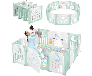 Baby Playpen, Dripex Baby Playard for Babies and Toddlers, 14-Panel Foldable Playpen Adjustable Portable Play Area, Indoor/Outdoor Kids Active Center with Game Panel & Safety Gate, Light Green White
