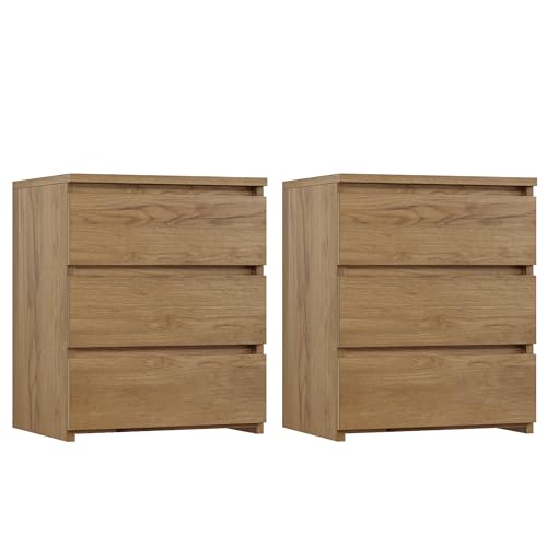 Image of FOTOSOK Nightstand Set of 2 Nightstand with 3 Drawers, Bedside Table Night Stand for Bedroom with Cut-Out Handle, Sofa Side Table 3 Drawer Nightstand for Bedroom, 17.7W*15D*21.7H, Wooden Grain