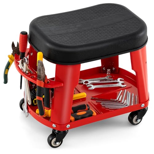 Chariot de cuisine à roulettes avec tabouret pivotant, capacité de 136 kg, plateau à outils rembourré et durable, pour garage, atelier, tabouret de mécanicien rouge sur roulettes