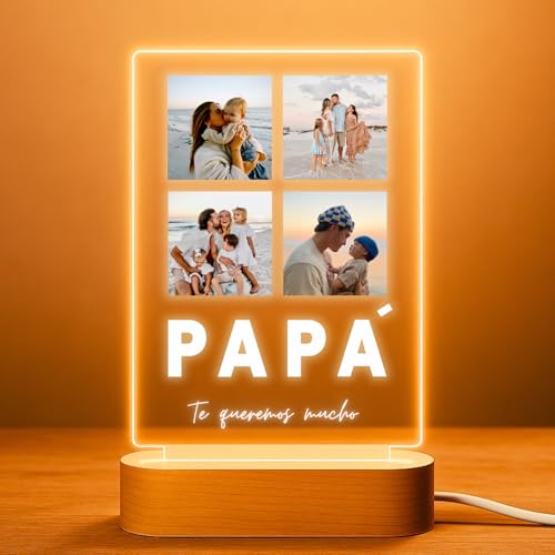 Cristal Plaque - Candeeiro personalizado para pai com 4 fotos e mensagem | Placa de metal LED vertical com nomes | presente original Dia do Pai, aniversário e São Valentim | Luz decorativa USB