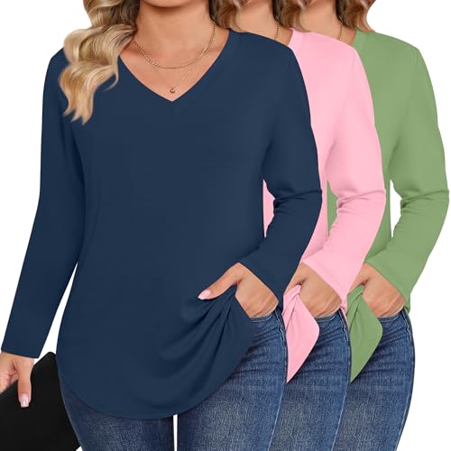 Ficerd 3 Pack Women's Plus Size T-Shirts, V Neck Long Sleeve Blouse Shirts Loose Fit Curved Hem Tees Casual Swing Tunic Tops