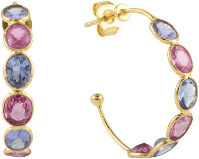 VR Jewels 14k Solid Yellow Gold 4.32 Cts Multi Sapphire Bezel Hoop Earrings Gifts- C Hoops For Girlfriend- Certified Gemstone Jewelry