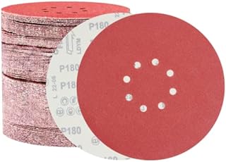 FEIHU 60 PCS Hook and Loop Discs Punched, 225mm Sanding disc | Grit 10X P40/60/100/120/180/240 | 8 Holes in red | Sandpaper for Drywall Tools (60PCS)