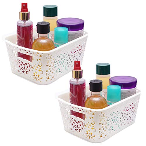 Image of Cutting Edge Essentials Plastic Storage Baskets /Shelf /Turkish Rack with Lid - Set of 2 for Fruit Vegetable Bathroom Stationary Home Basket with Handle (Cream, Small)