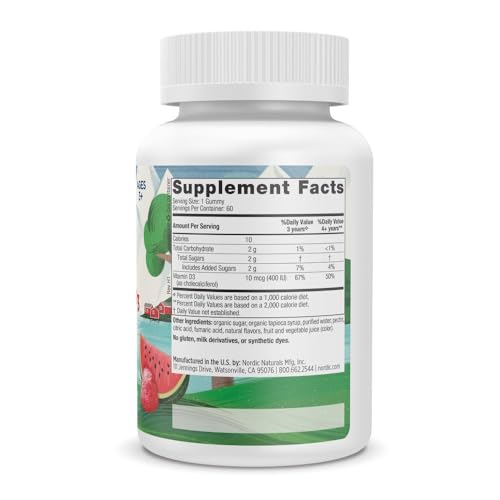 Nordic Naturals Vitamin D3 Gummies - 400 Iu Chewable For Kids | Cholecalciferol Vitamin D3 For Bone Health, Healthy Immunity - Wild Watermelon Splash, Vegetarian - 60 Gummies