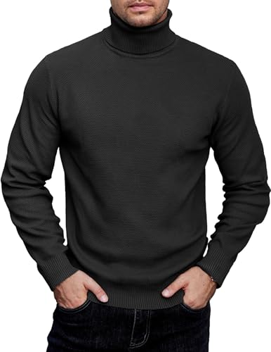 COOFANDY Jersey de punto de cuello alto para hombre, suéter delgado, suéter de invierno, suéter con cuello de tortuga, suéter de trabajo, Negro , M