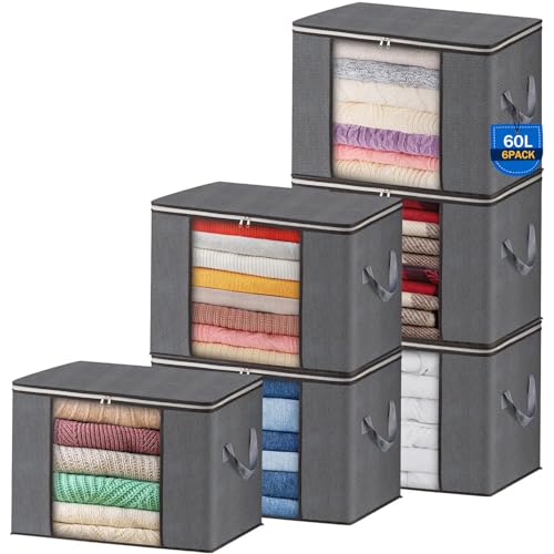AIOR 6 Stück 60L Groß Aufbewahrungstasche, Faltbare Unterbett Kleideraufbewahrung Schrank Organizer Set, für Bettwäsche, Kleidung, Decken, Kissen Quilt Saison Artikel Lagerung, 55x35x32cm
