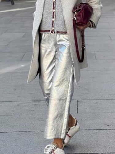 Women Long Pants Casual Straight-Leg Metallic Trousers Loose Stretchy Waist Business Office Pants with Pockets2