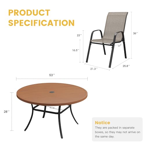 Image of VICLLAX Outdoor Dining Set for 8, All Weather Metal 9 Pieces Patio Set-53 Round Outdoor Table and Stackable Chairs for Lawn Garden and Backyard, Walnut Wood Grain Tabletop