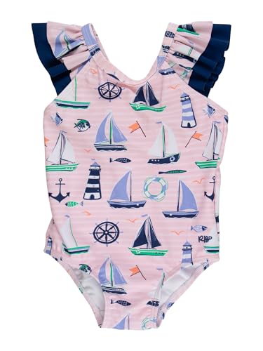 Image of RuffleButts Girls UPF50+ Sun Protection Ruffle V-Back One Piece Swimsuit