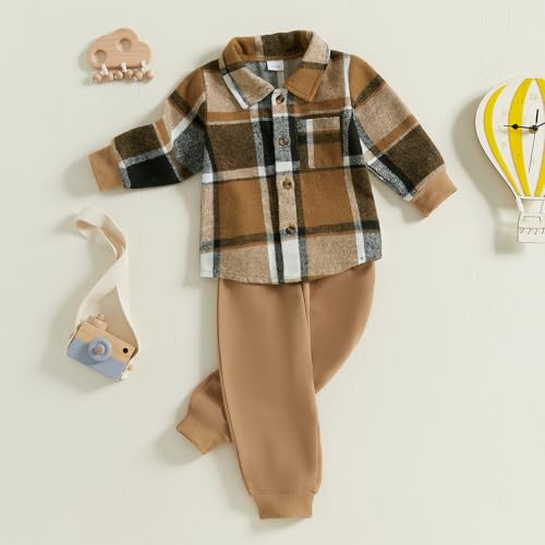 Toddler Boys Fall Outfits Plaid Flannel Baby Boy Jacket Button Down Shirts Pants 2Pcs Festival Clothes Set3