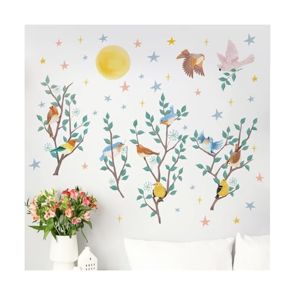 Yovkky birds branches spring wall decals stickers bluebird goldfinch robin parrot chickadee toddler baby nursery decor moon stars home decorations kids bedroom playroom living room art  urban country home decor