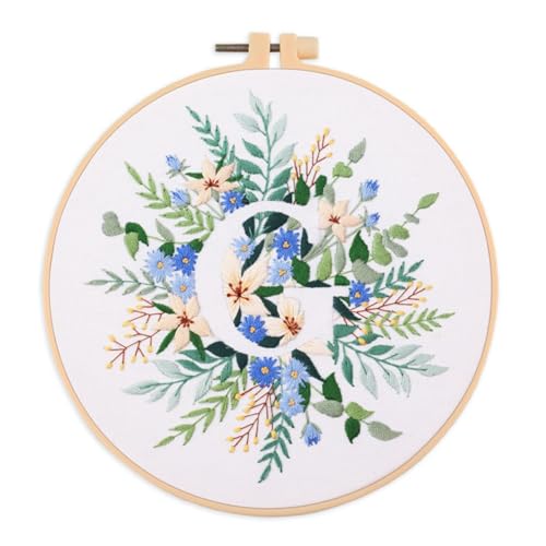 Image of IUHUI Embroidery Kit for Beginners Adults - 26 Floral Letters Easy Patterns, DIY Hand Stitching Embroidery Set with Hoop (Flower and Grass Letter G)