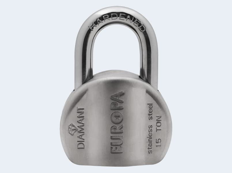 Image of Europa L158SS Diamant Padlock | DRN LSB Technology, Stainless Steel Finish, Hardened Shackle, 5-Pin Cylinder, Modern Styling with Bump & D Shape Lock Design (Pack of 1)