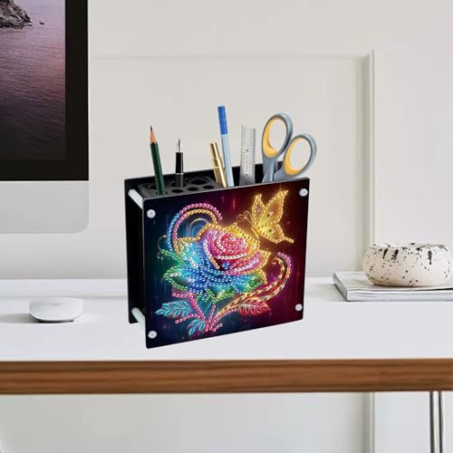 DCIDBEI Diamond Painting Schreibtisch Organizer 13x12cm Diamant Painting Bilder Stifthalter Multifunktions Becher für Kugelschreiber Rosen Schmetterling