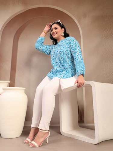 Image of Stylum Women's Plus Size Blue Floral Printed Pure Cotton Top | Plus Size Tops for Women Short Kurti