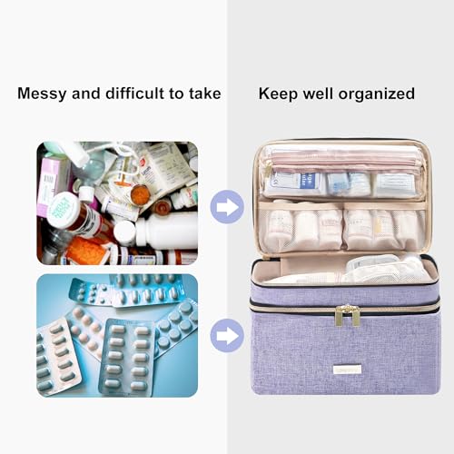 Image of Lexeeco Medicine Storage Bag Pill Bottle Organizer with Portable Small Pouch Travel Medication Bottle Organizer for Emergency Home First Aid Box Kit (Purple)